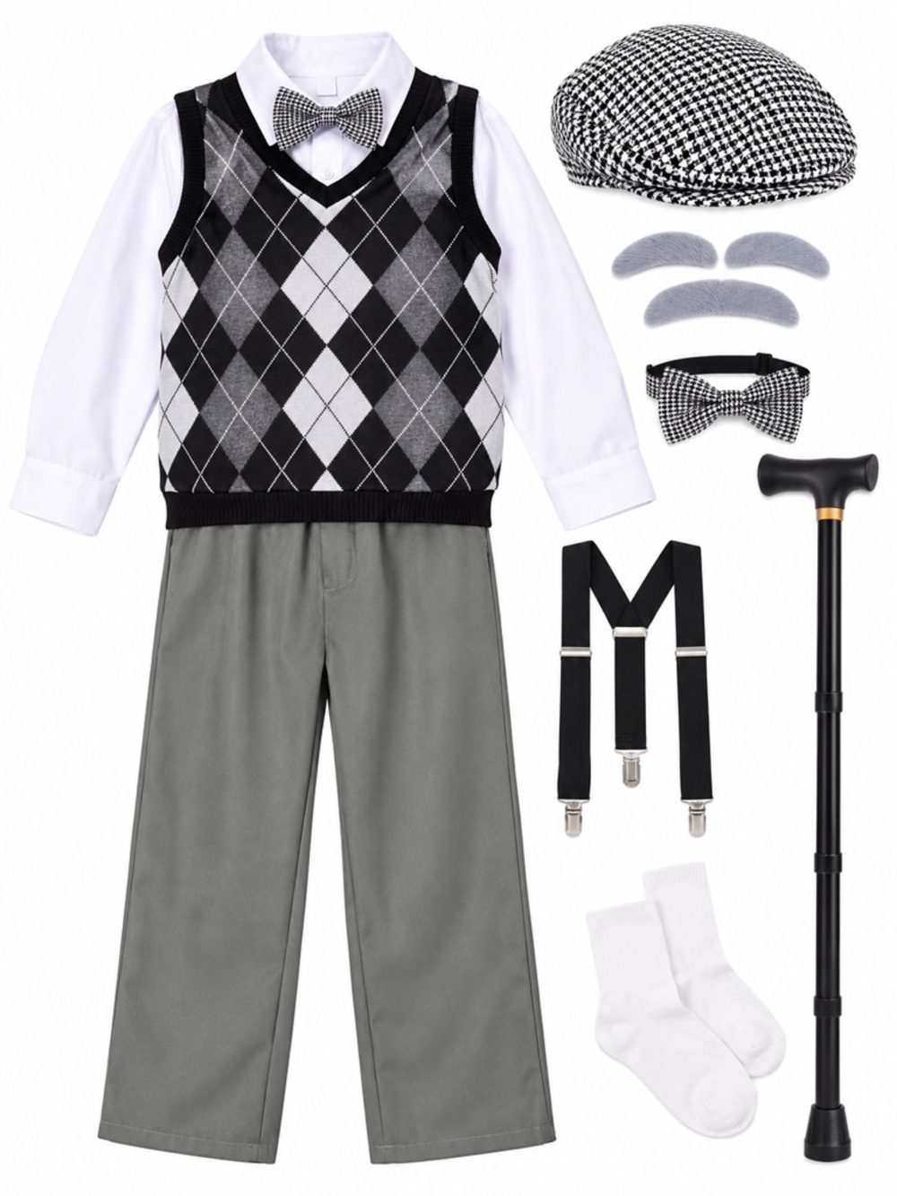 New - Kids Vintage Gentleman Costume Set with Gray Argyle Vest | Size 5-7
